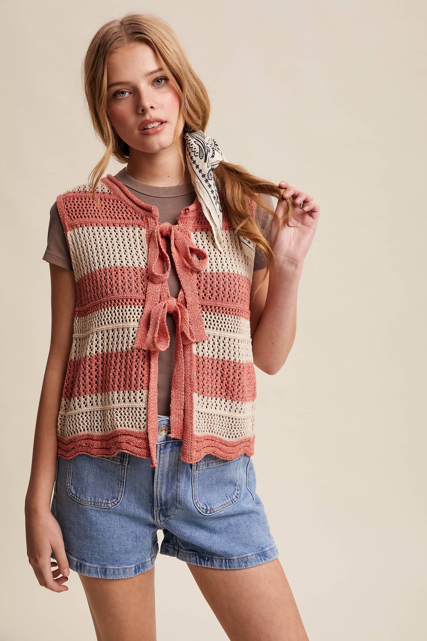 Striped Crochet Tie-Front Knit Vest