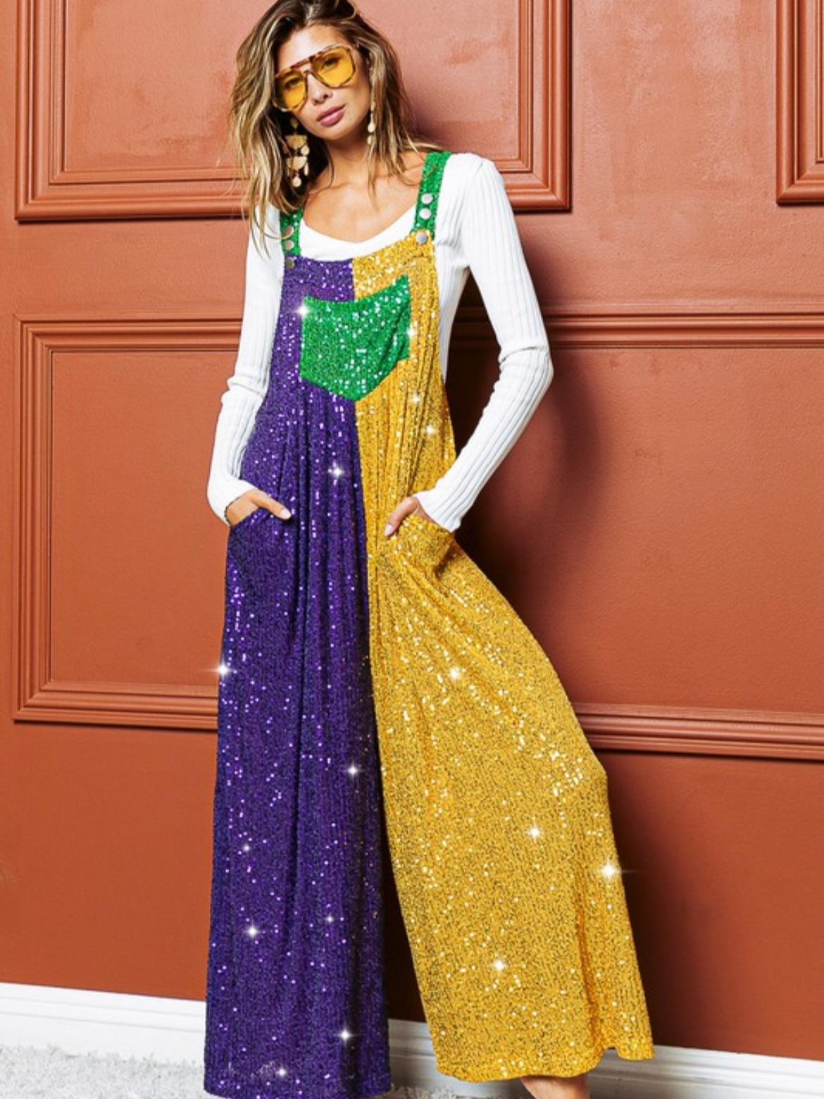 Mardi Gras Colorblock Sequin Overalls-Let the good times roll