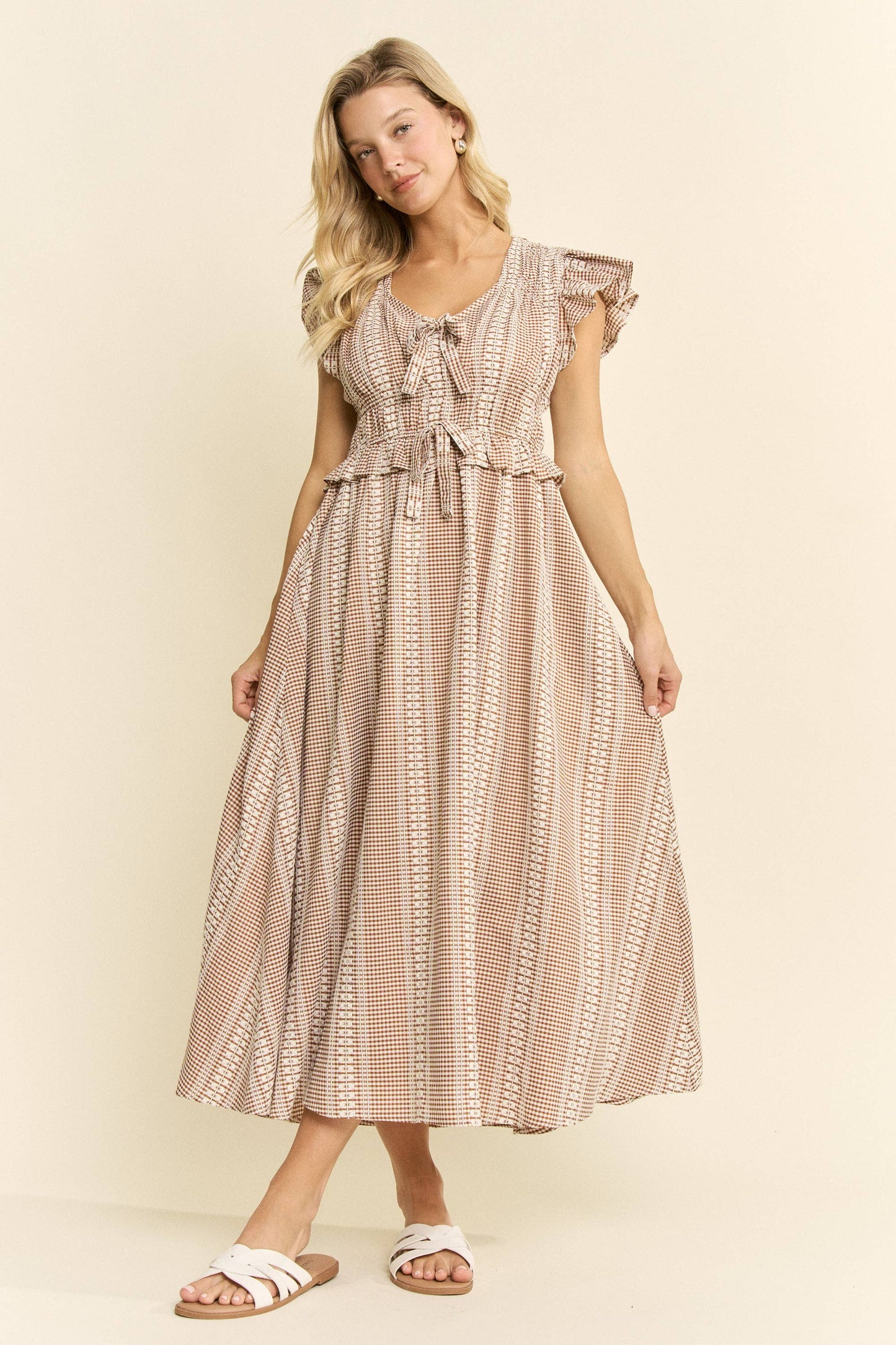 VINTAGE CHECK SMOCKED MIDI DRESS