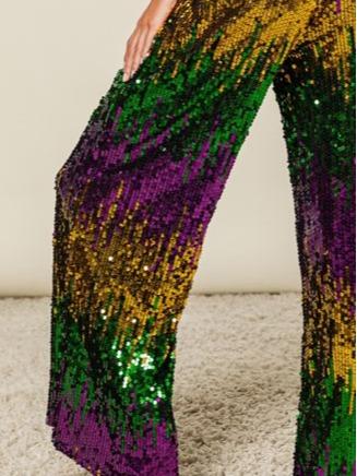 MARDI GRAS Sequin Colorblock Wide Leg Pants-Purple Green Gold Parade Wear