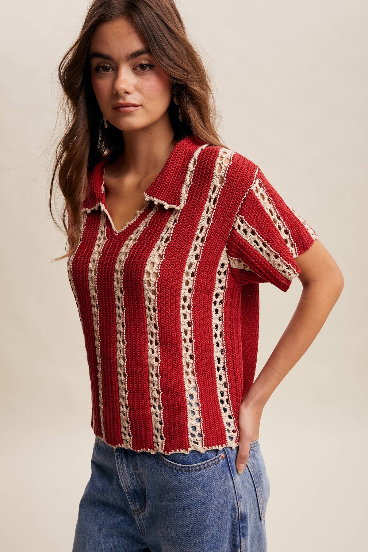 Crochet Stripe Knit Collar Top LSW1040
