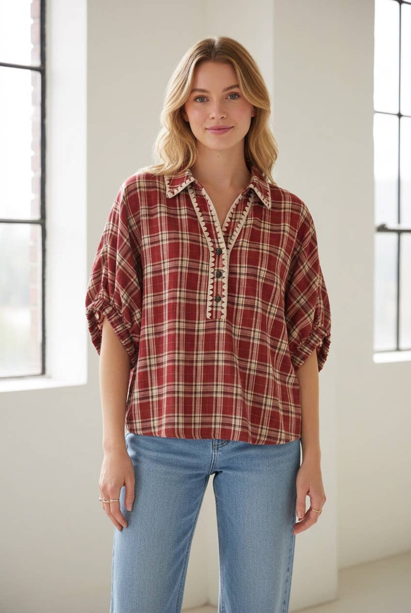 HT20121 Floral Puff Sleeve Split Neck Blouse