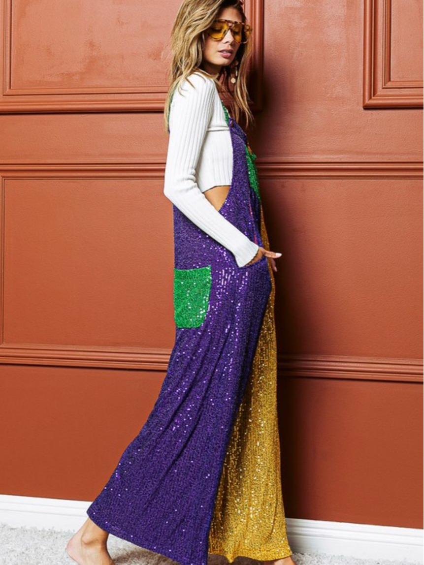 Mardi Gras Colorblock Sequin Overalls-Let the good times roll