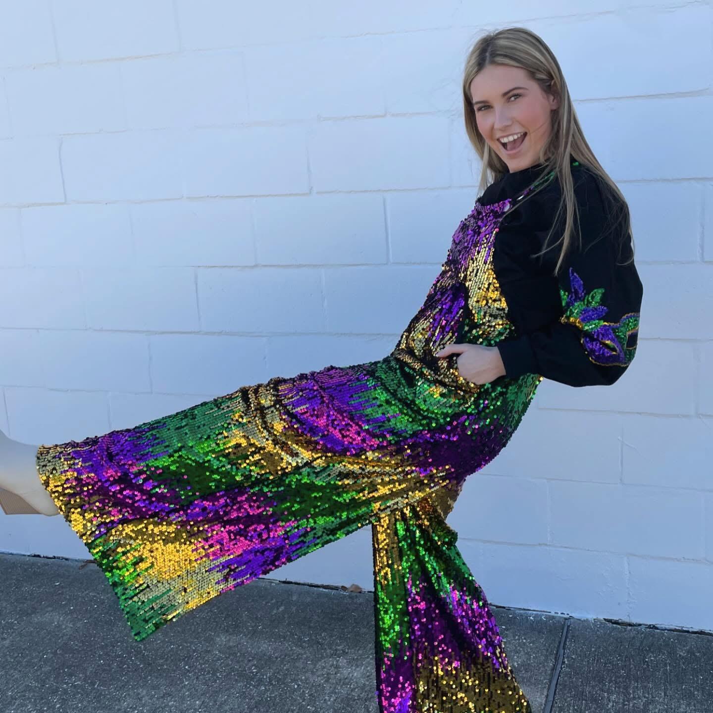 Sequin Colorblock Overalls with pockets--Purple Green Gold MARDI GRAS parade gear