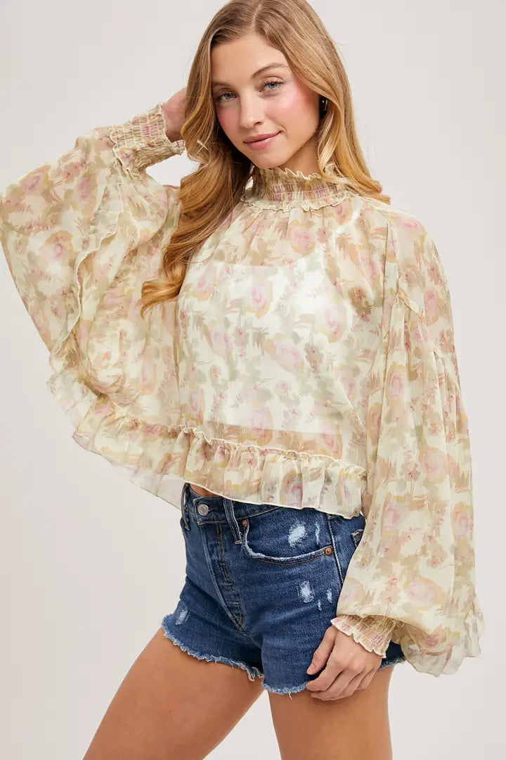Floral Mock Neck Chiffon Top