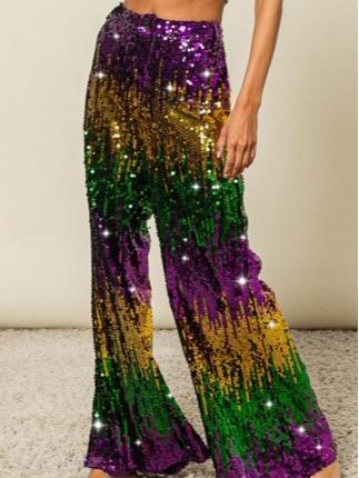 MARDI GRAS Sequin Colorblock Wide Leg Pants-Purple Green Gold Parade Wear