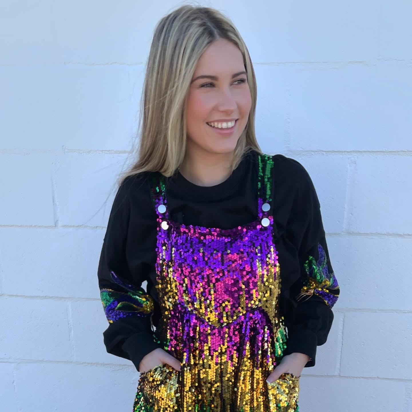 Sequin Colorblock Overalls with pockets--Purple Green Gold MARDI GRAS parade gear