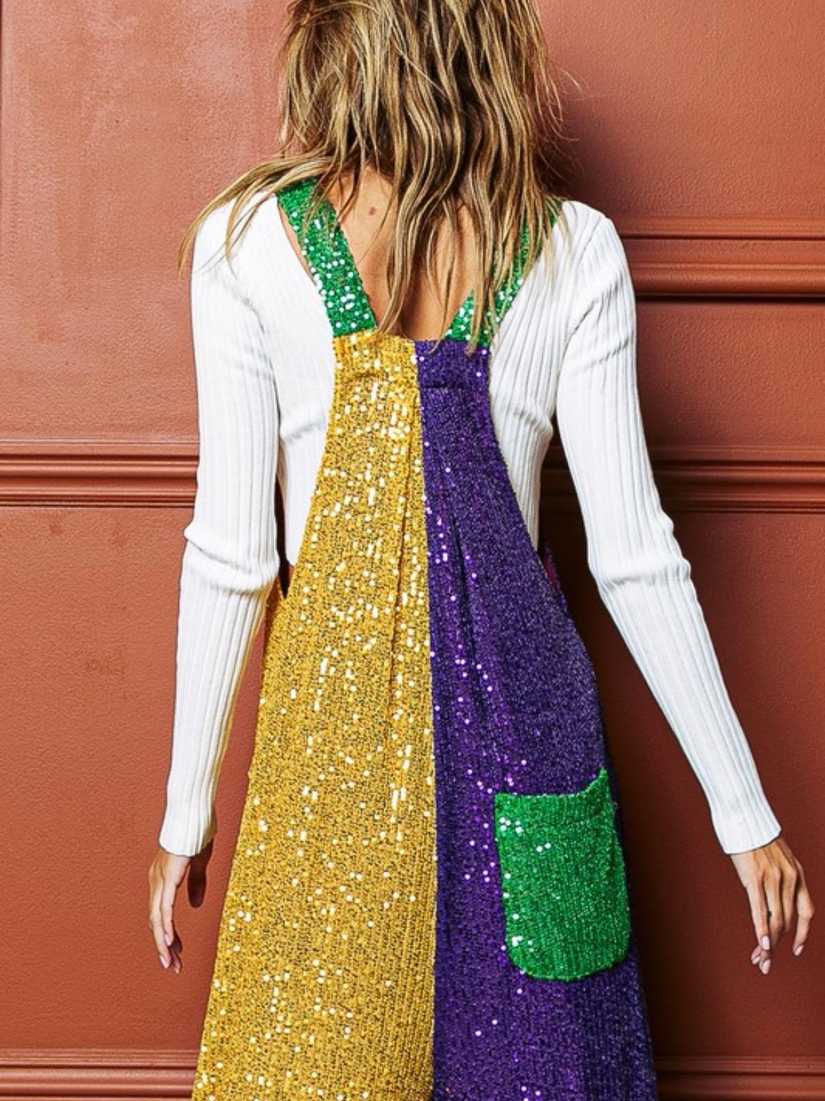 Mardi Gras Colorblock Sequin Overalls-Let the good times roll