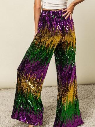 MARDI GRAS Sequin Colorblock Wide Leg Pants-Purple Green Gold Parade Wear