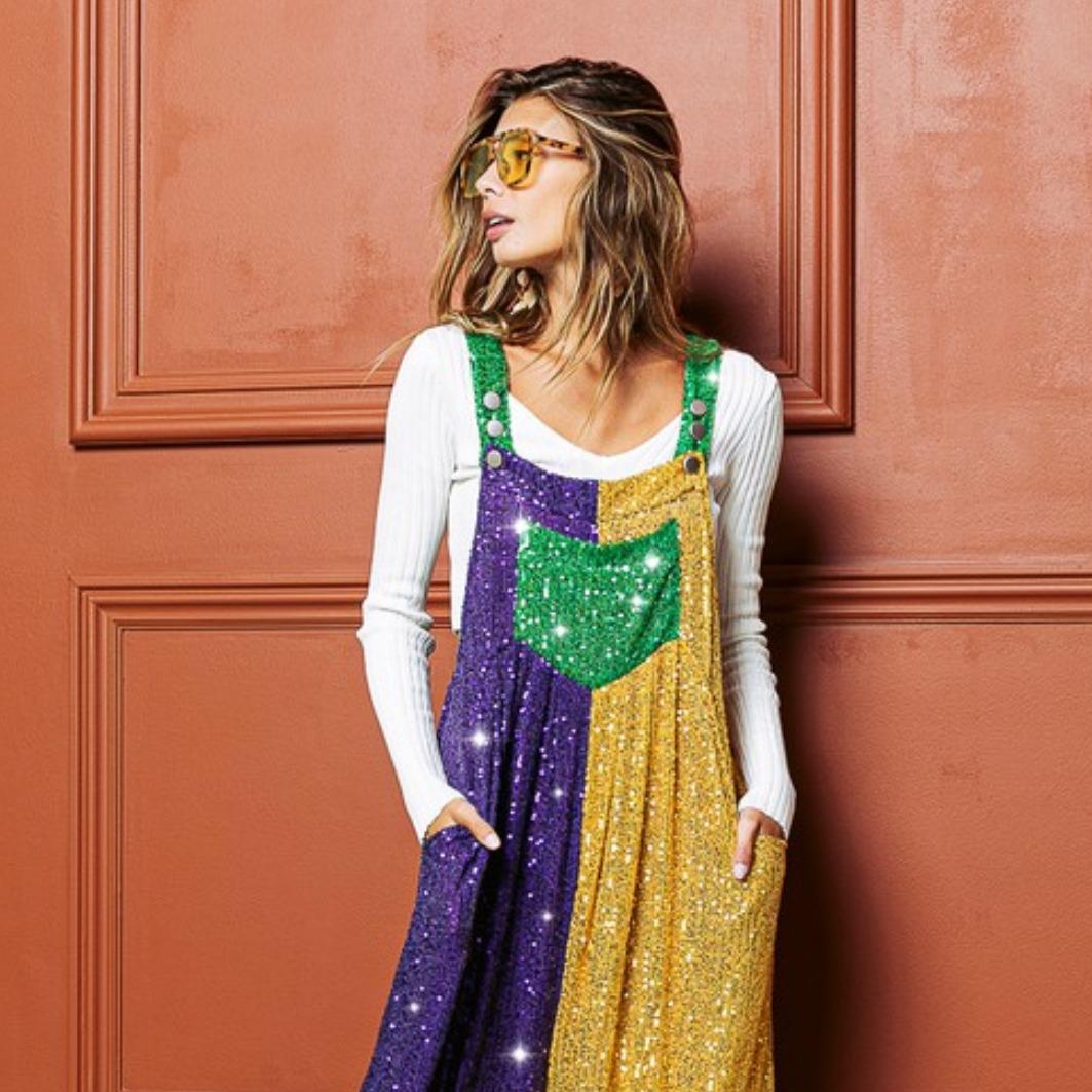 Mardi Gras Colorblock Sequin Overalls-Let the good times roll