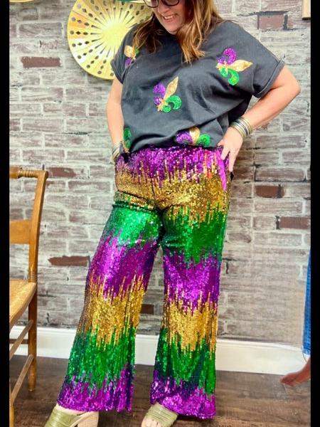 MARDI GRAS Sequin Colorblock Wide Leg Pants-Purple Green Gold Parade Wear