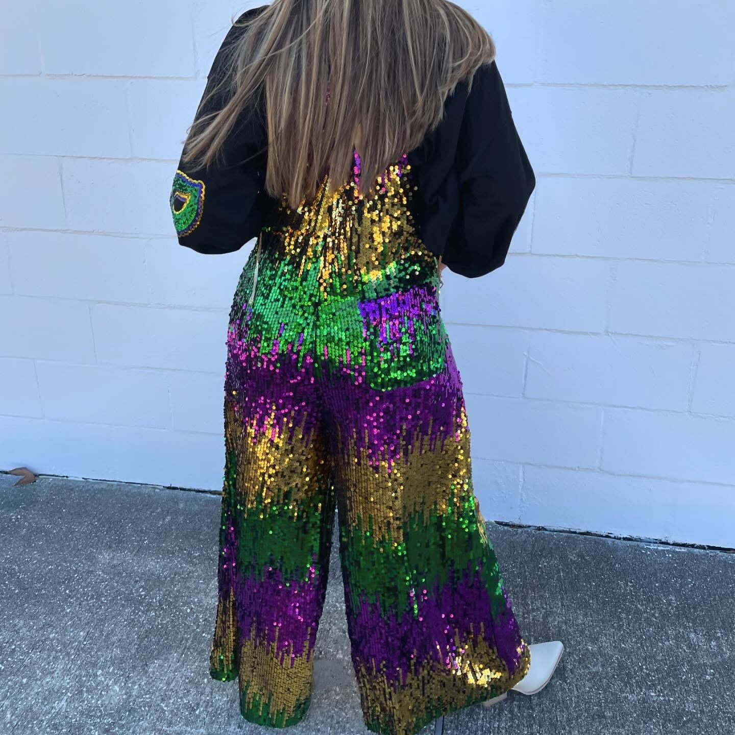 Sequin Colorblock Overalls with pockets--Purple Green Gold MARDI GRAS parade gear