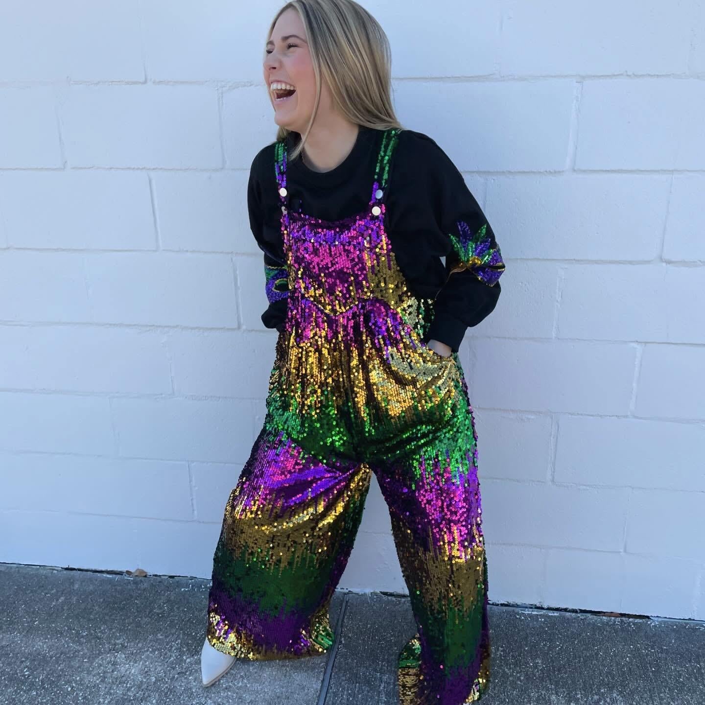 Sequin Colorblock Overalls with pockets--Purple Green Gold MARDI GRAS parade gear