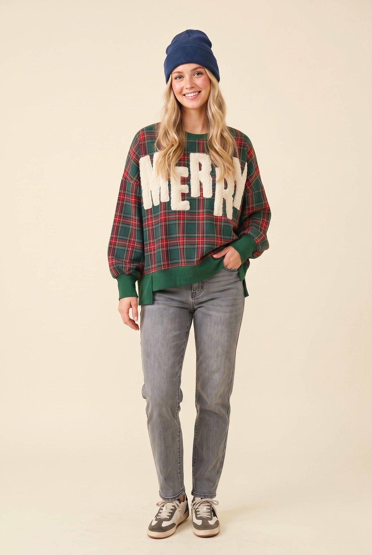 Merry Plaid Sherpa Applique Pullover Sweatshirt