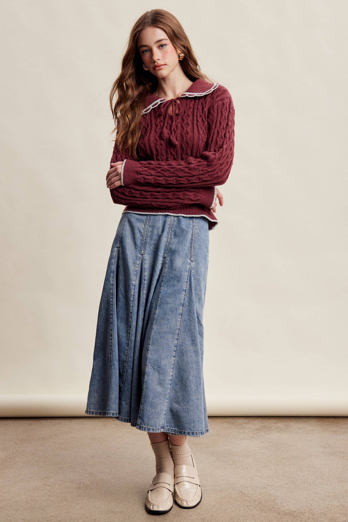 Scalloped Collar Cable Knit Sweater LSW1067