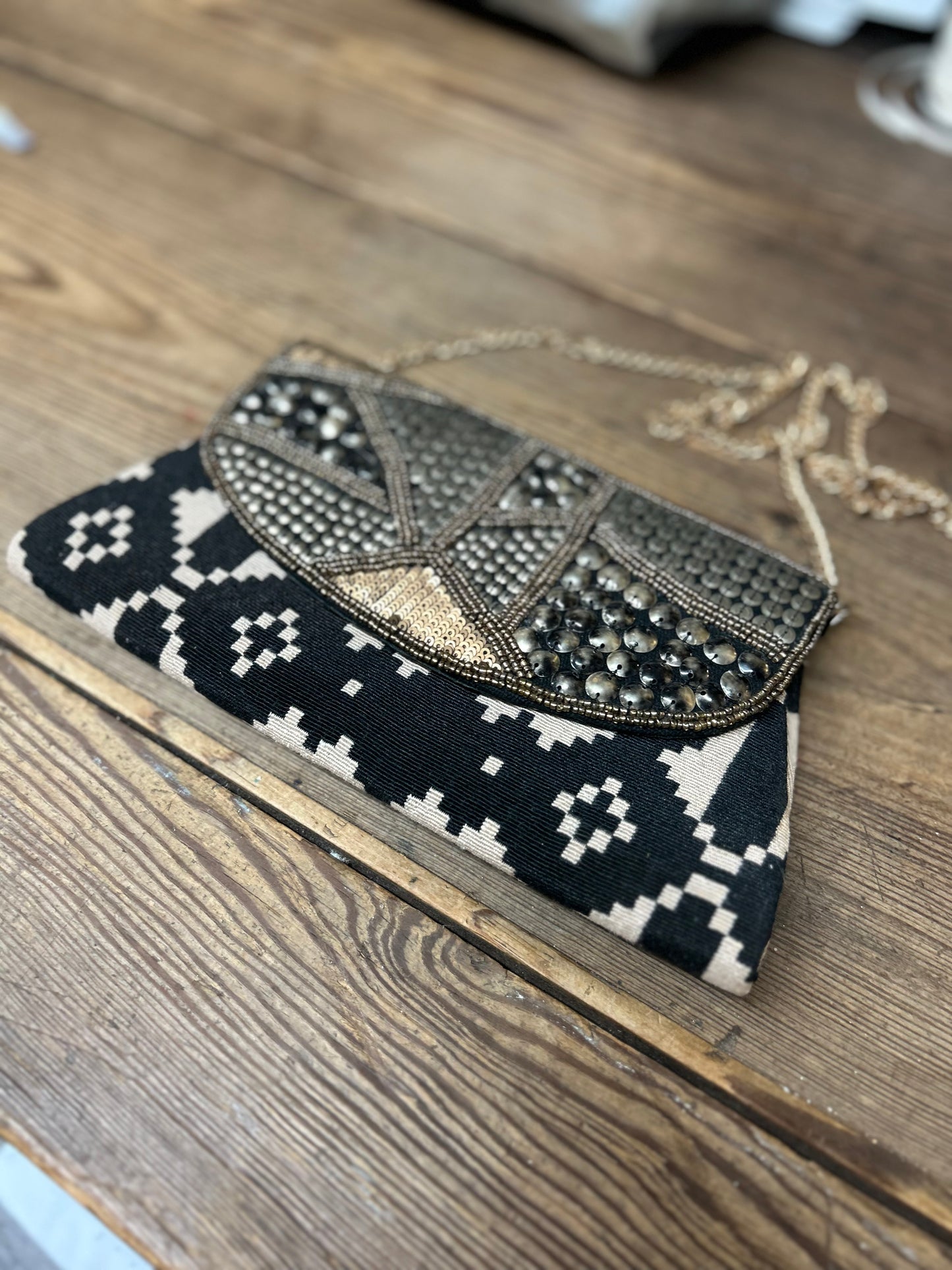 Black & Ivory Tribal Beaded Crossbody Envelope Clutch