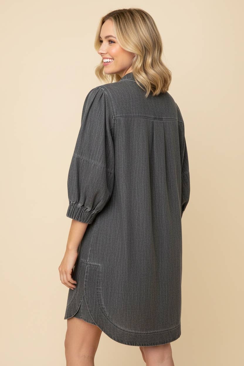 Zip Front Puff Sleeve Denim Mini Shift Dress