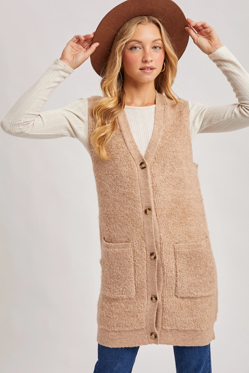 Button Down Teddy Knit Long Vest