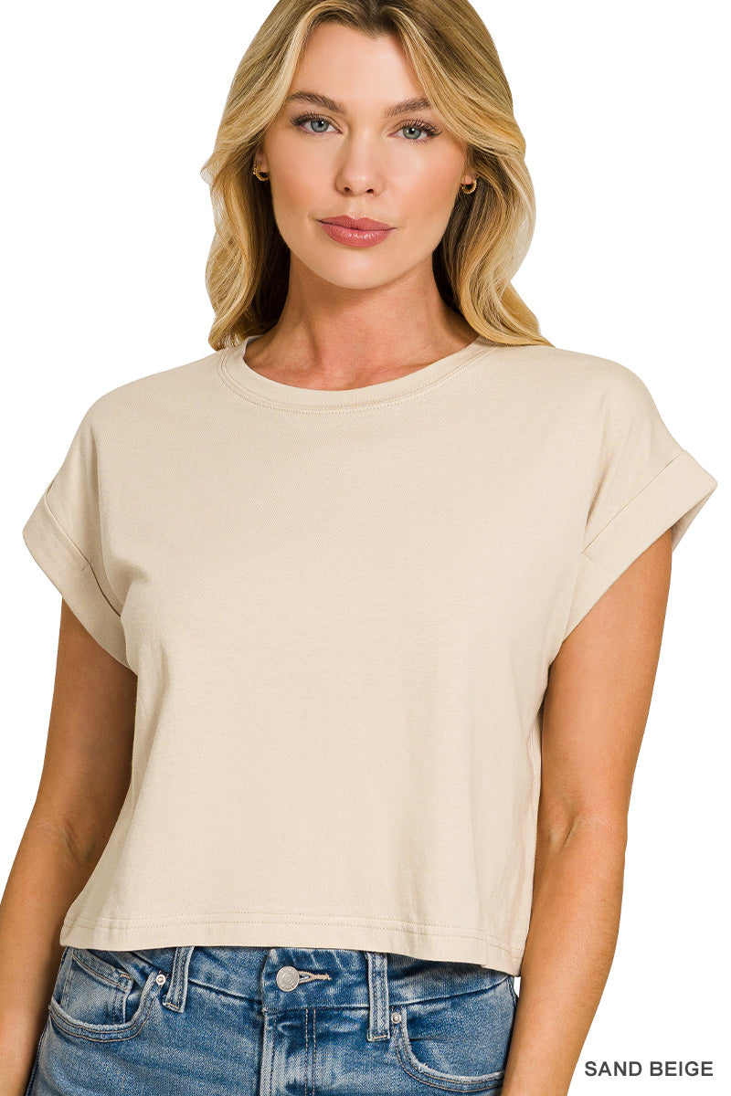 Cotton Folded Cropped Sleeve Top