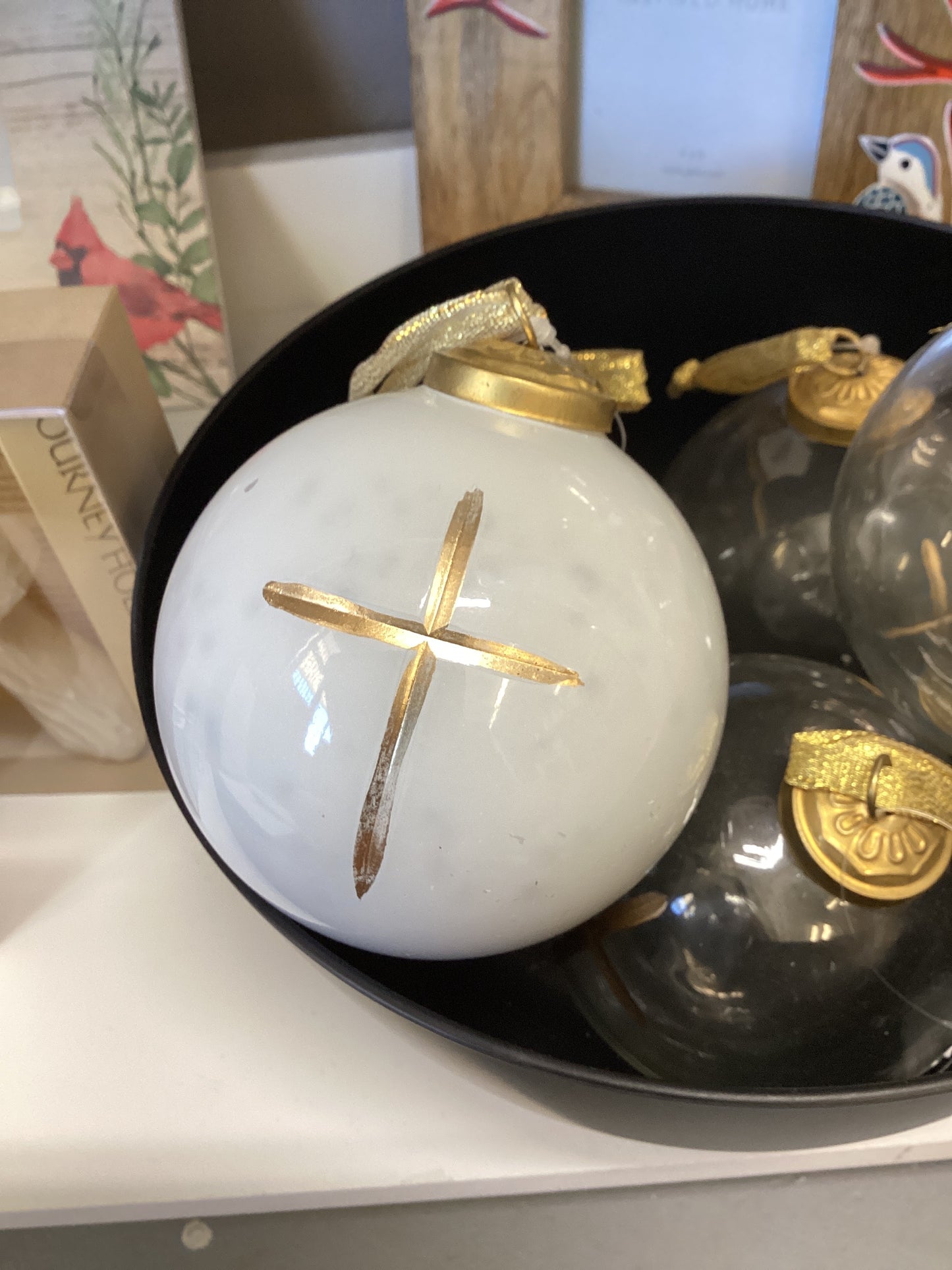 Glass Cross Ball Ornament-White