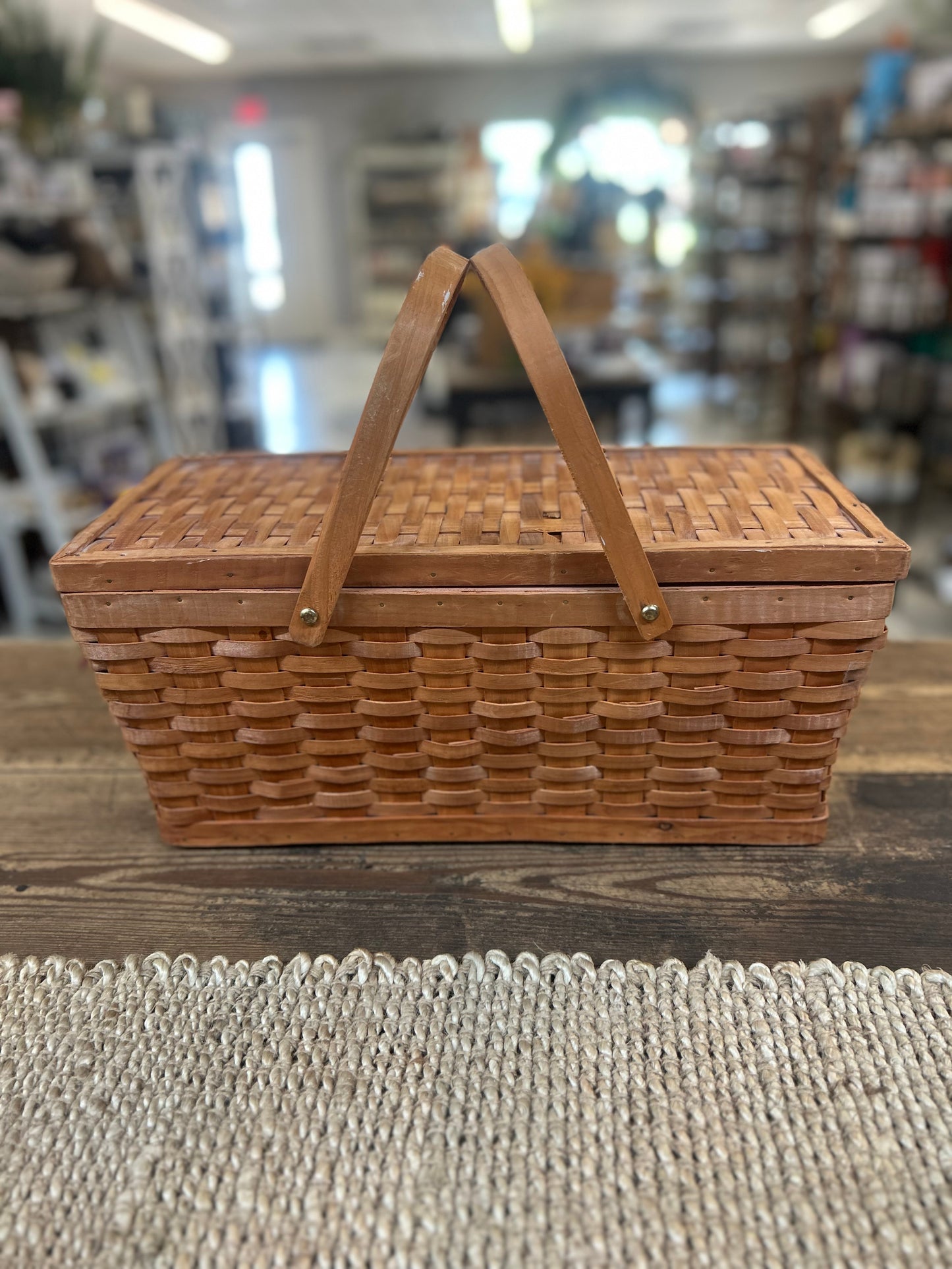 Vintage Handwoven Market Basket with Folding Handles & Lid