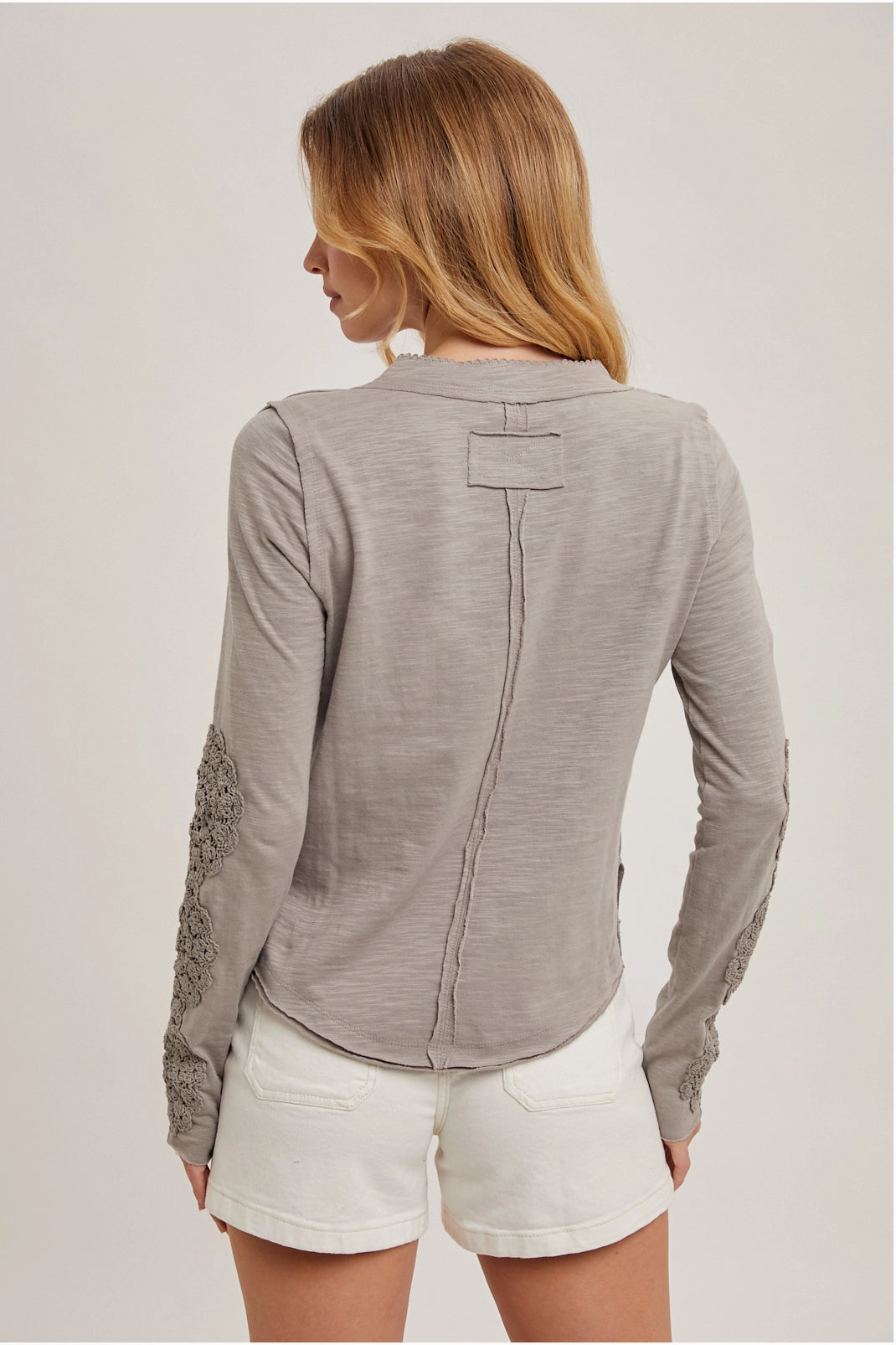 Crochet Patch Sleeved Quarter Button Top