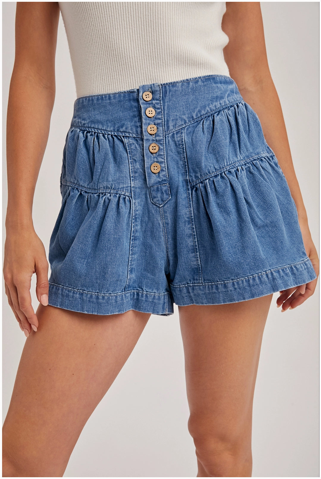 Pleated Denim Shorts