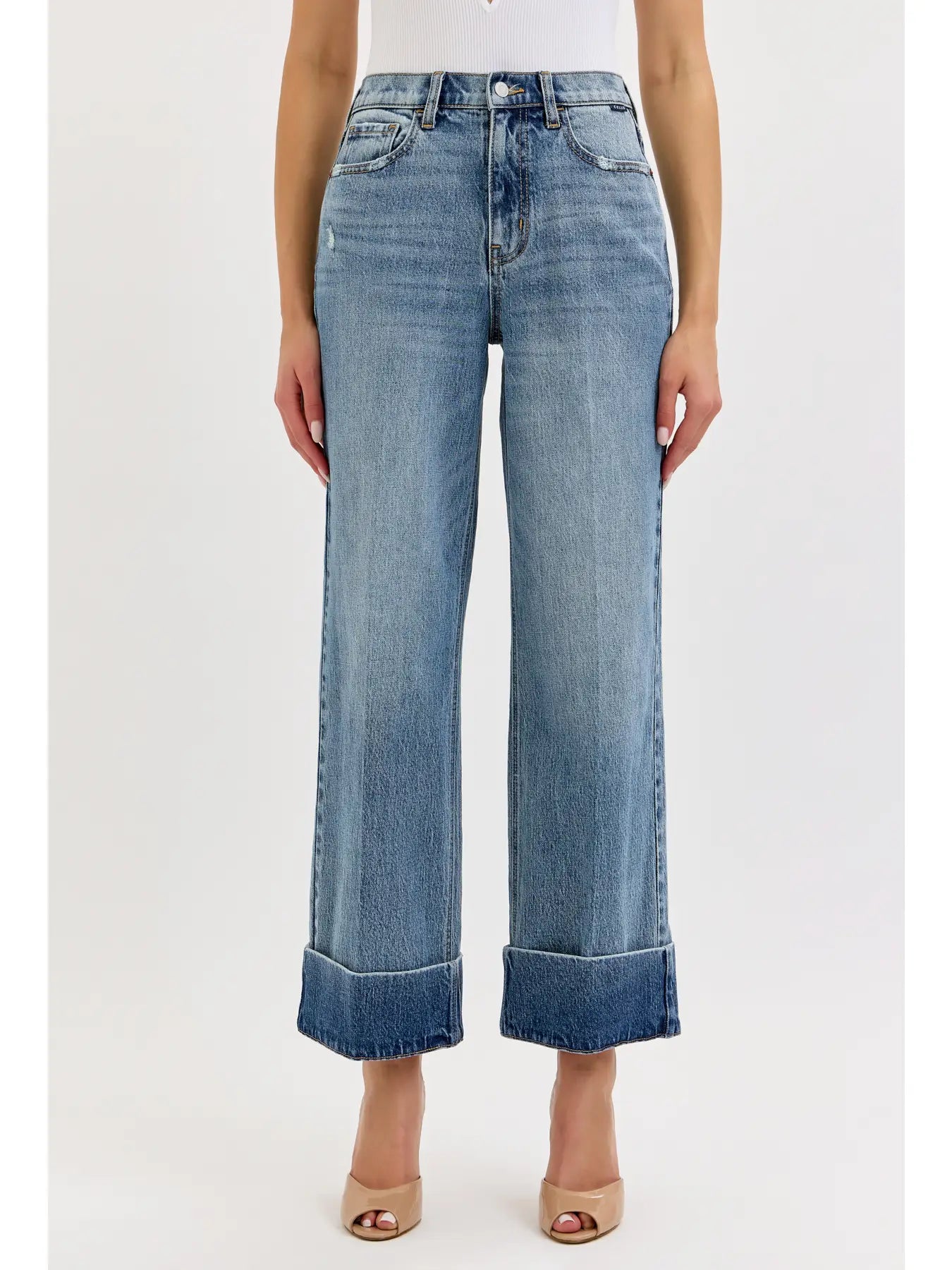 High Rise Wide Leg Cuffed Hem Jeans