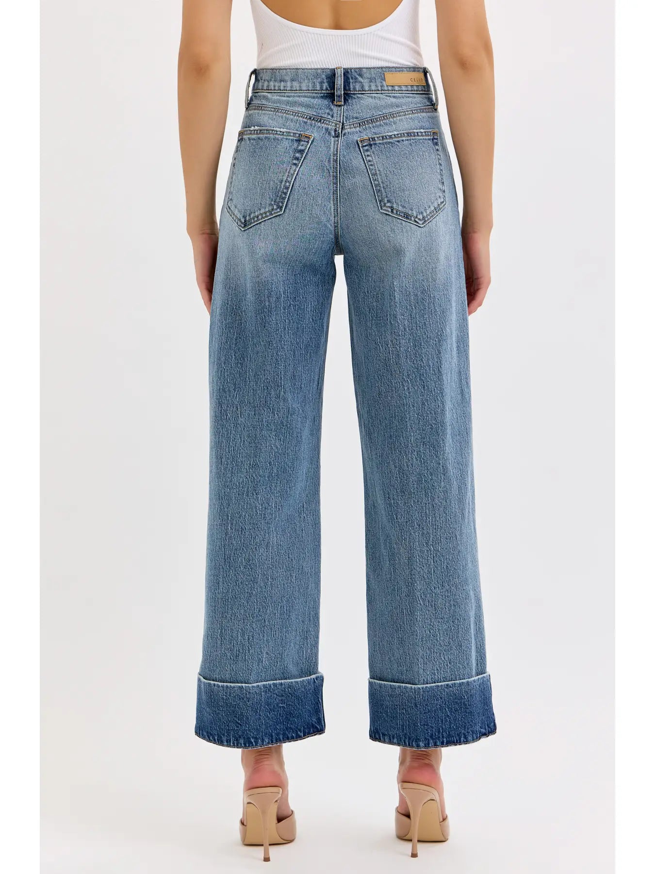 High Rise Wide Leg Cuffed Hem Jeans
