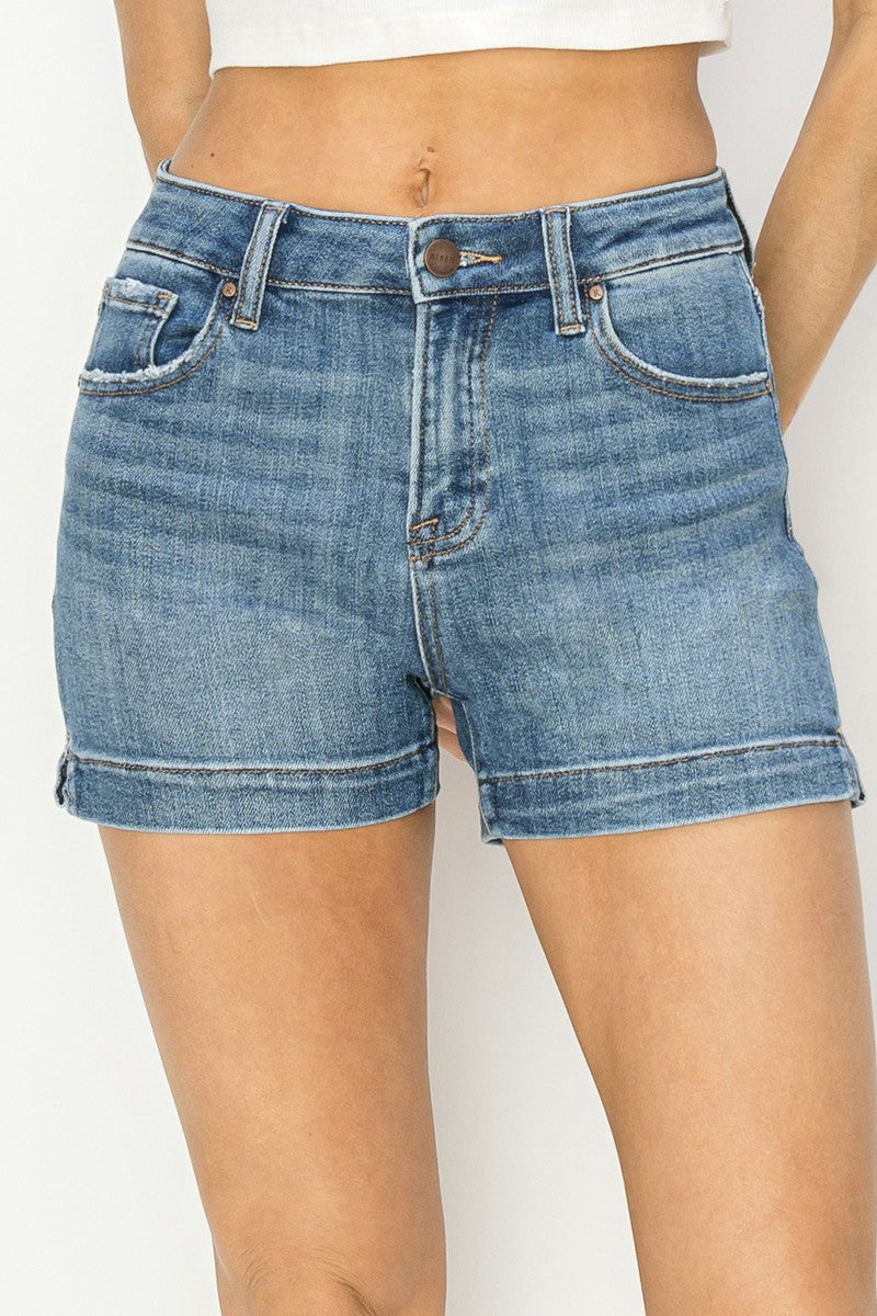 Risen High Rise Denim Shorts