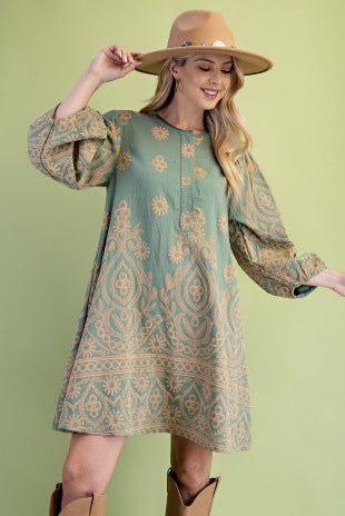 Print Mini Dress with Pleated Sleeves - Sage