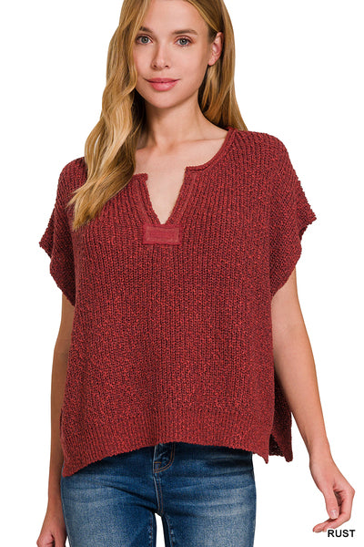 Rolled Split Neck Pullover Sweater