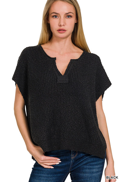 Rolled Split Neck Pullover Sweater