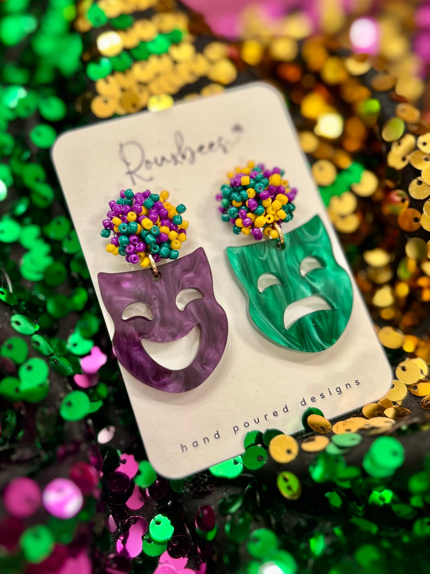 MARDI GRAS Mask Glitter Acrylic Seed Bead Earrings - Studs with Glitter Finish, Elegant Design for Everyday Wear
