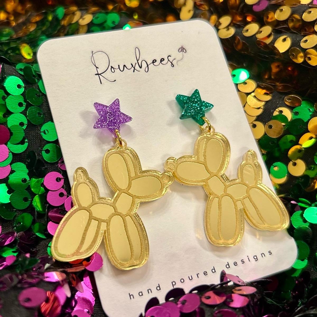 MARDI GRAS Balloon Dog Glitter Acrylic Star Earrings - Studs Dangles