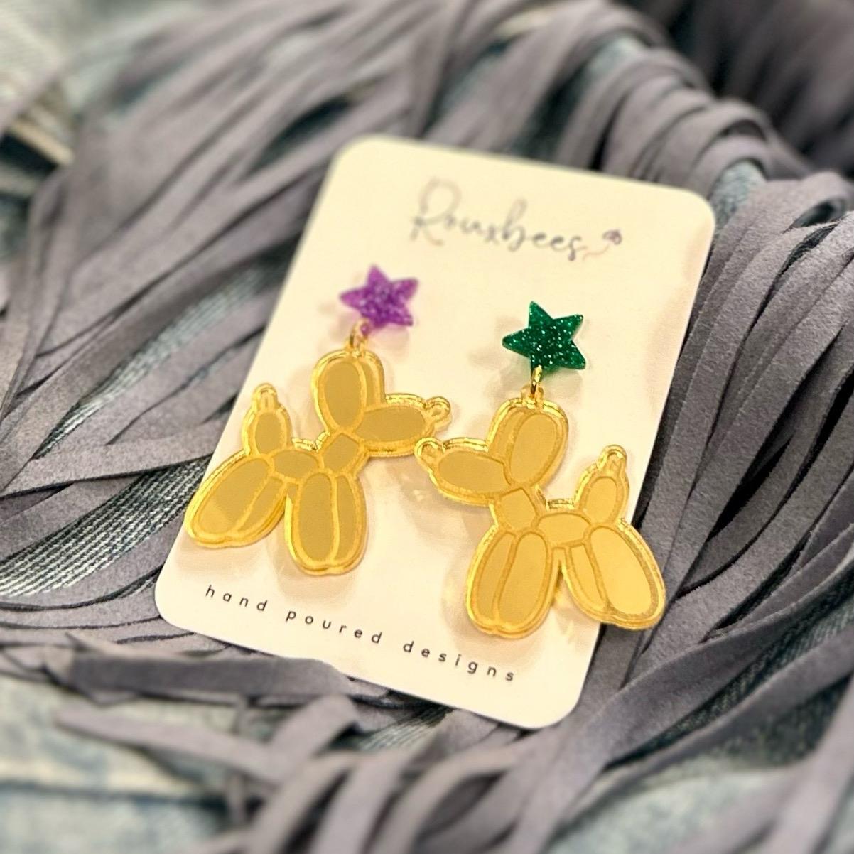 MARDI GRAS Balloon Dog Glitter Acrylic Star Earrings - Studs Dangles