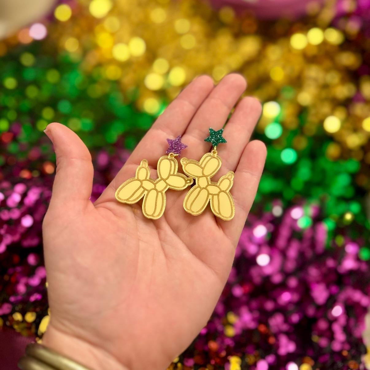 MARDI GRAS Balloon Dog Glitter Acrylic Star Earrings - Studs Dangles