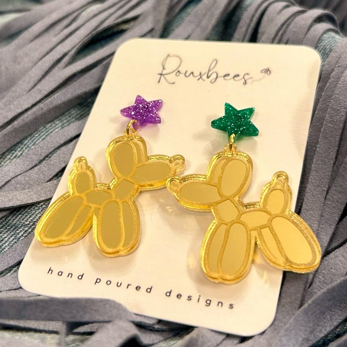MARDI GRAS Balloon Dog Glitter Acrylic Star Earrings - Studs Dangles