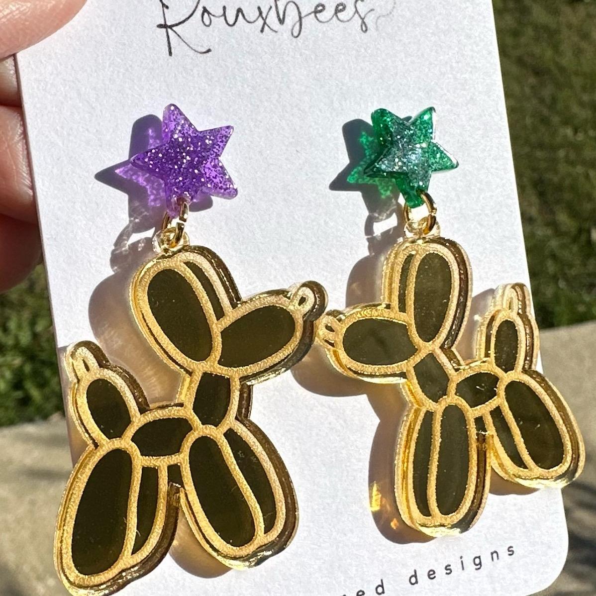 MARDI GRAS Balloon Dog Glitter Acrylic Star Earrings - Studs Dangles