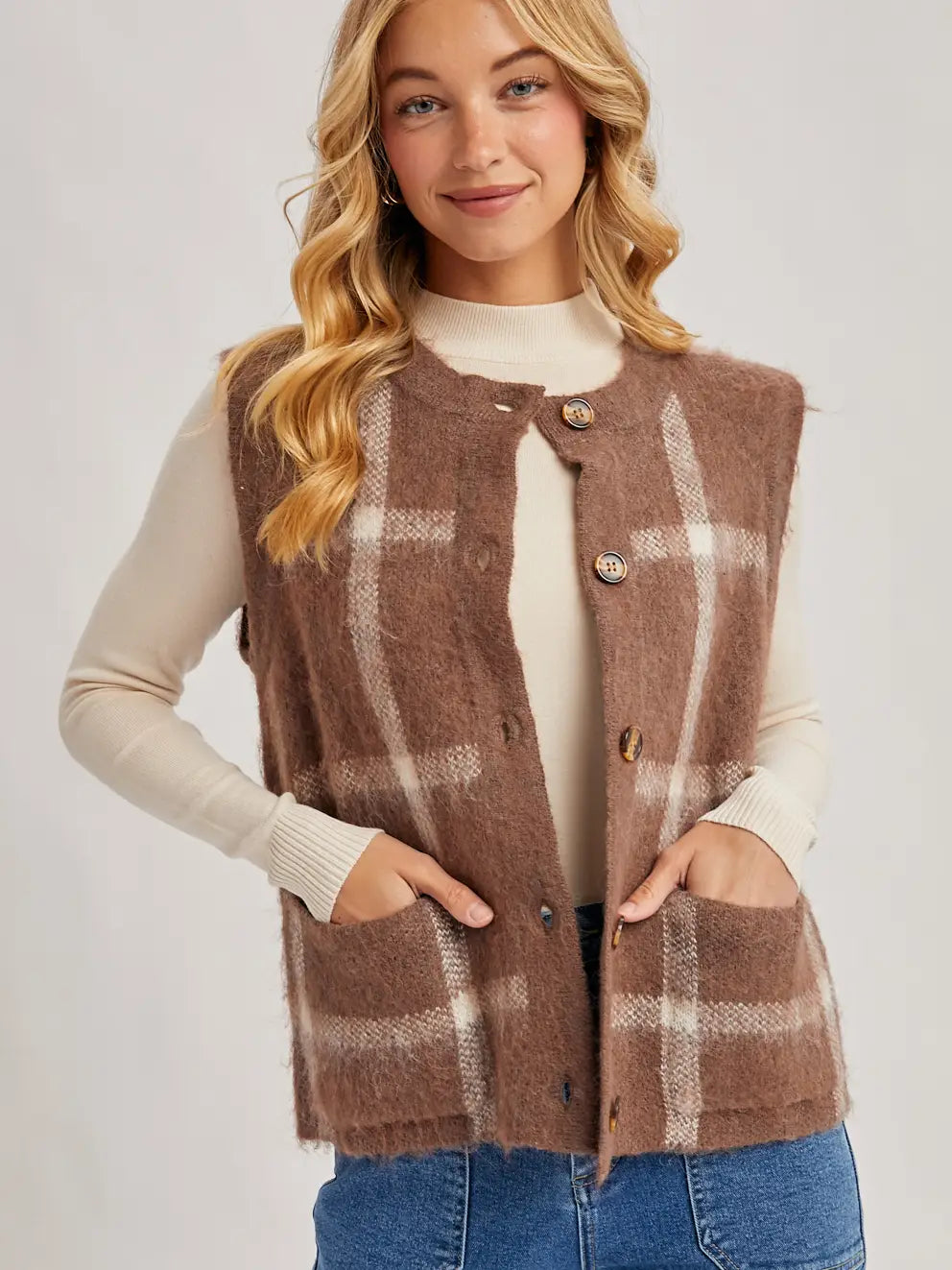 Plaid Fuzzy Knit Sweater Vest