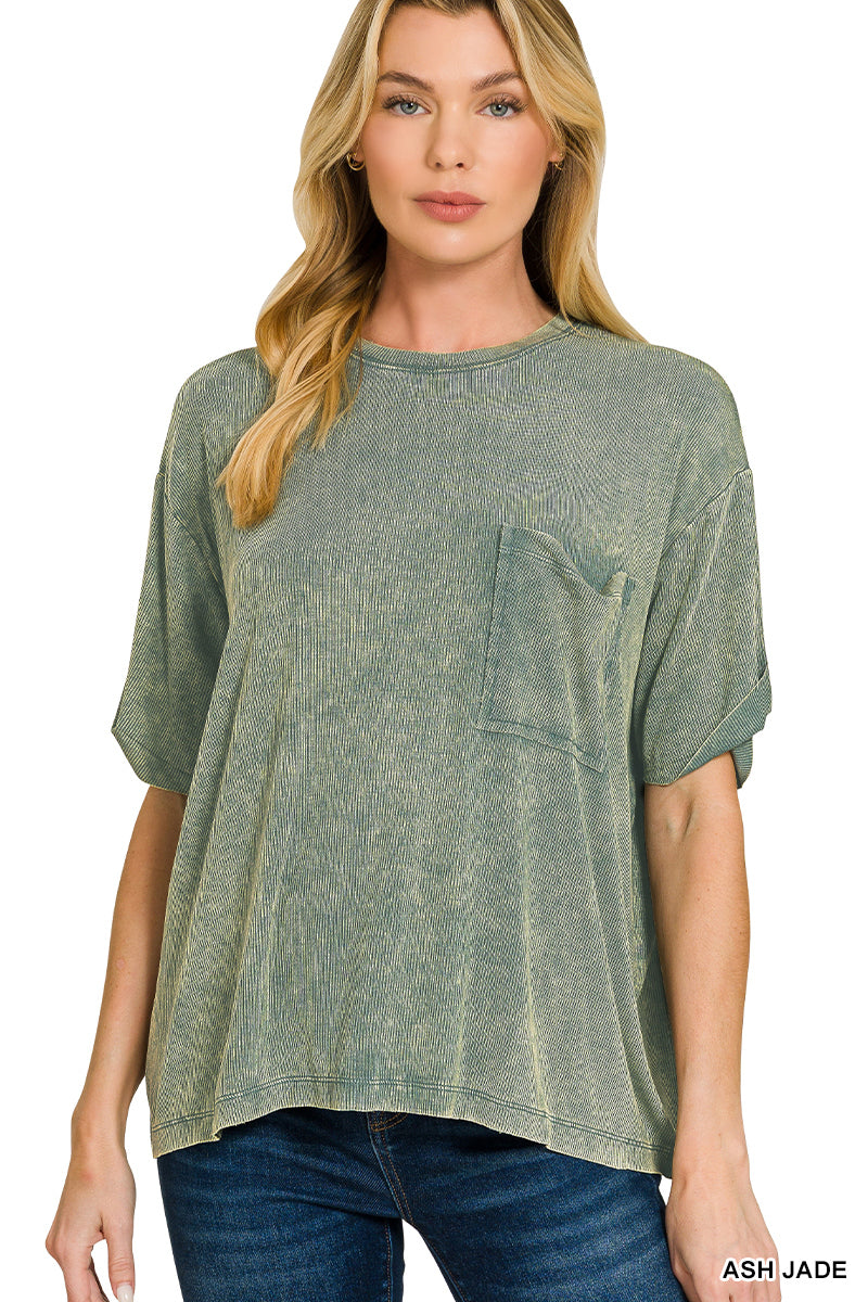 Washed Ribbed Round Neck Top