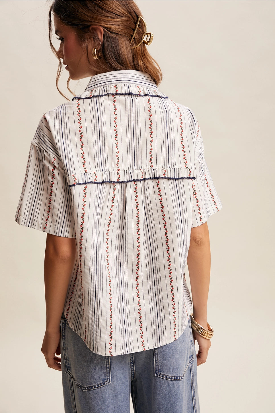 Striped Embroidered Blouse - Ecru