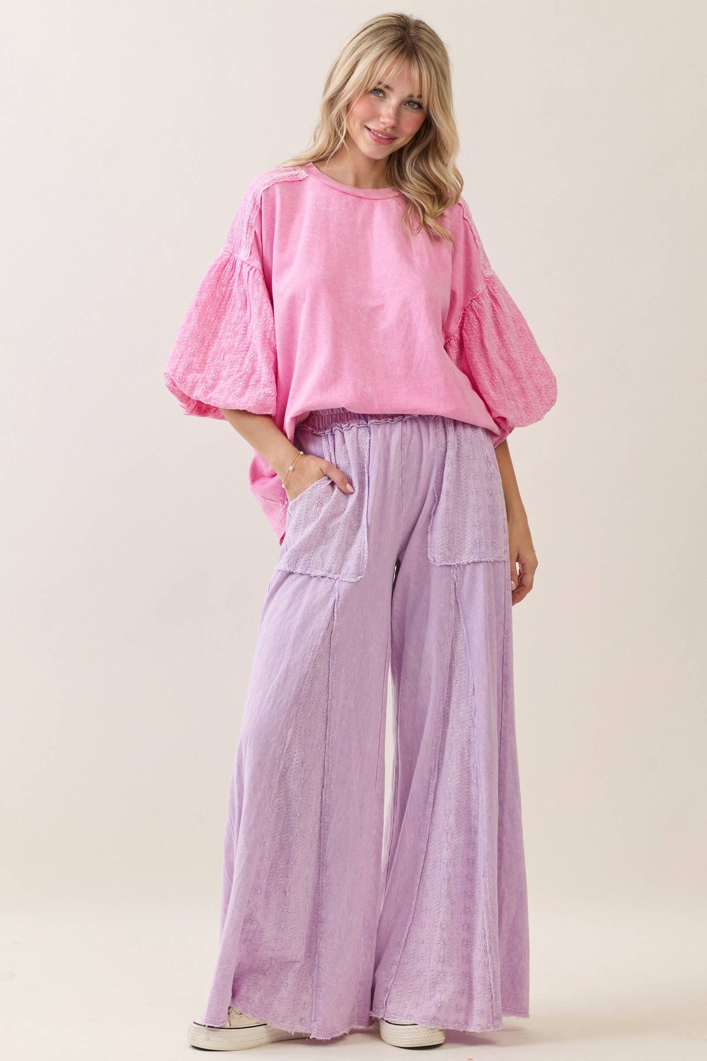 Mineral Washed Eyelet Puff Sleeve Blouse