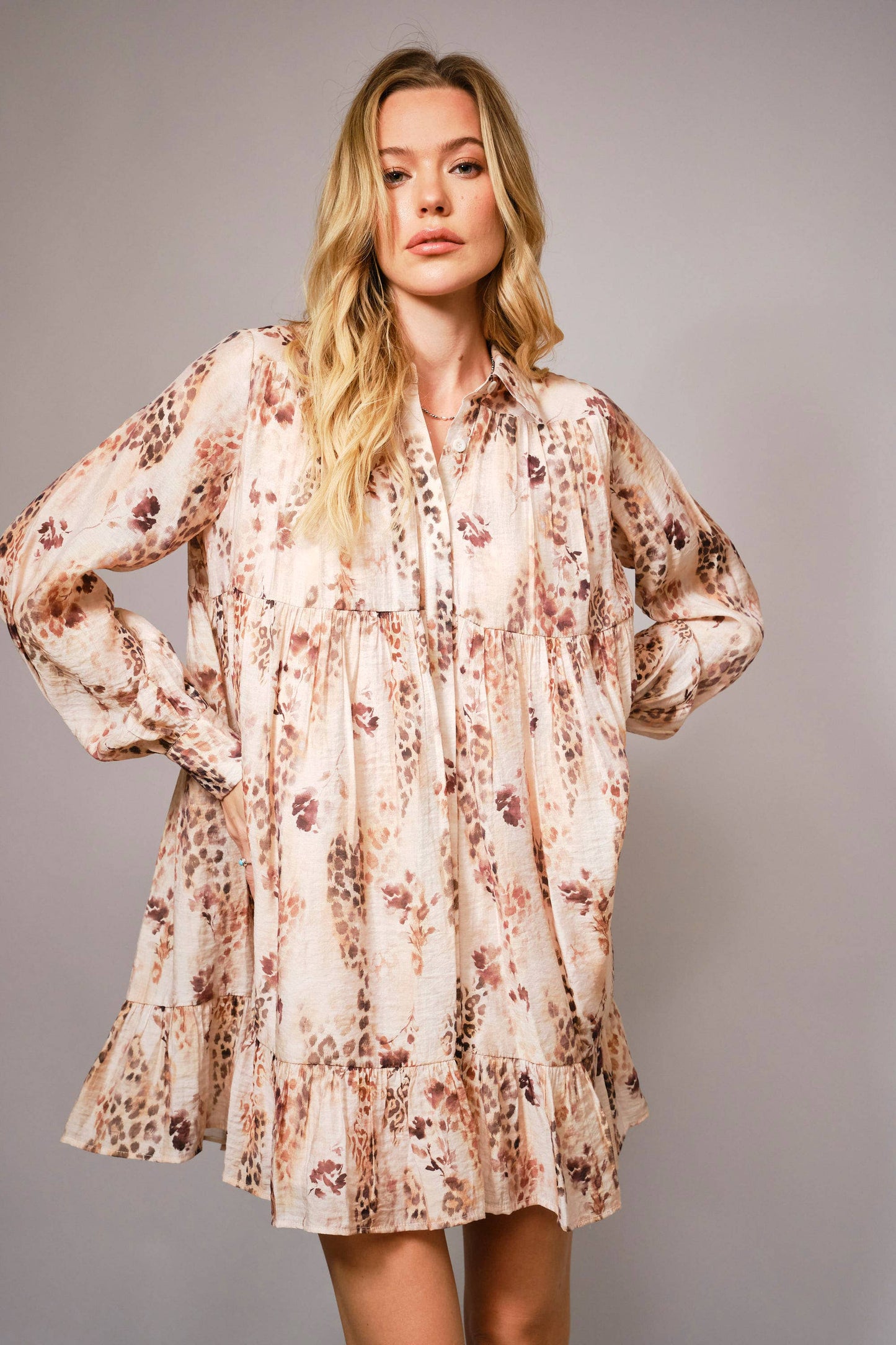 Floral Leopard Print Tiered Mini Dress