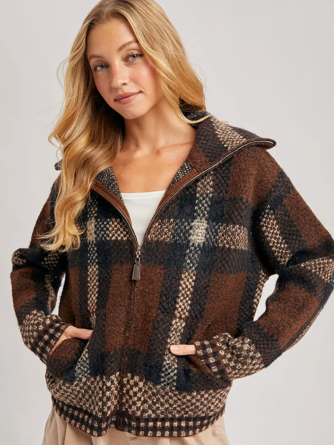Plaid Zipper Front Knit Jacket