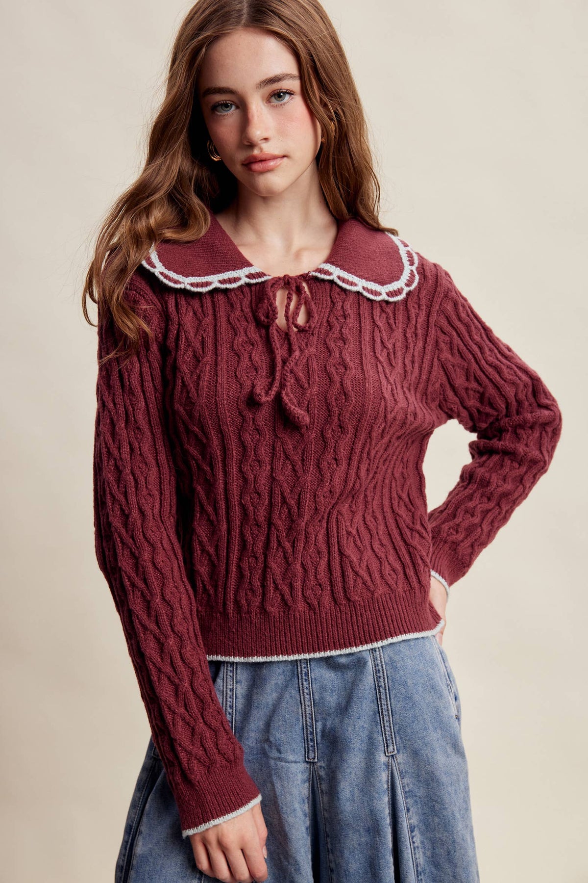 Scalloped Collar Cable Knit Sweater LSW1067
