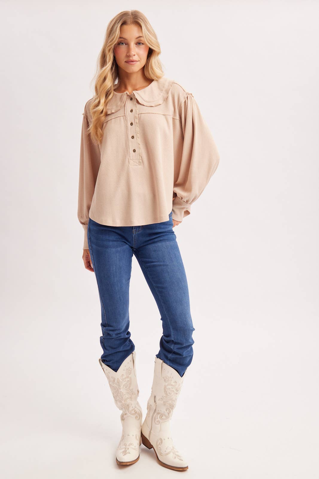 BILLOWY SILHOUETTE COLLARED NECK WAFFLE KNIT TOP