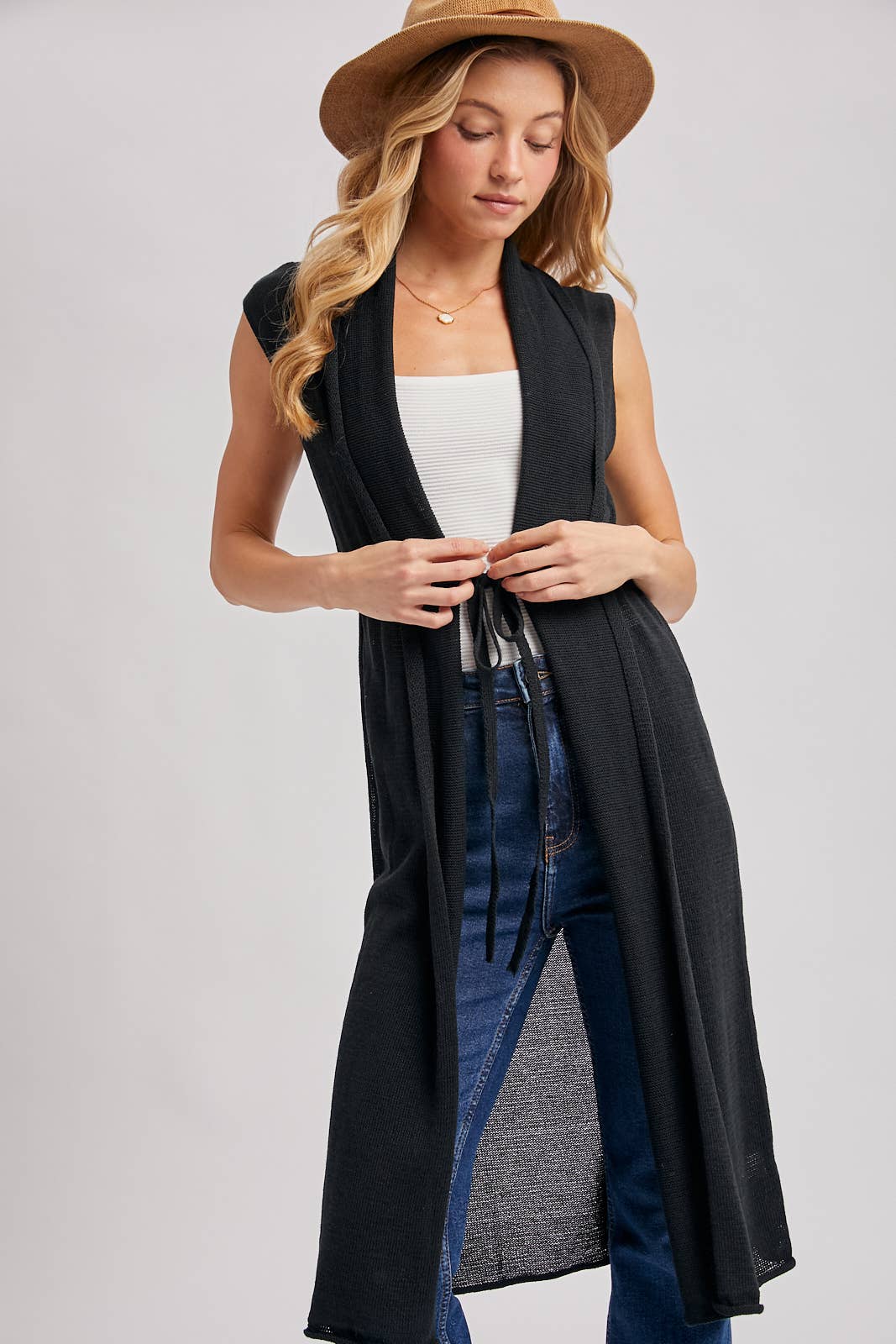 Sleeveless Belted Vest Cardigan