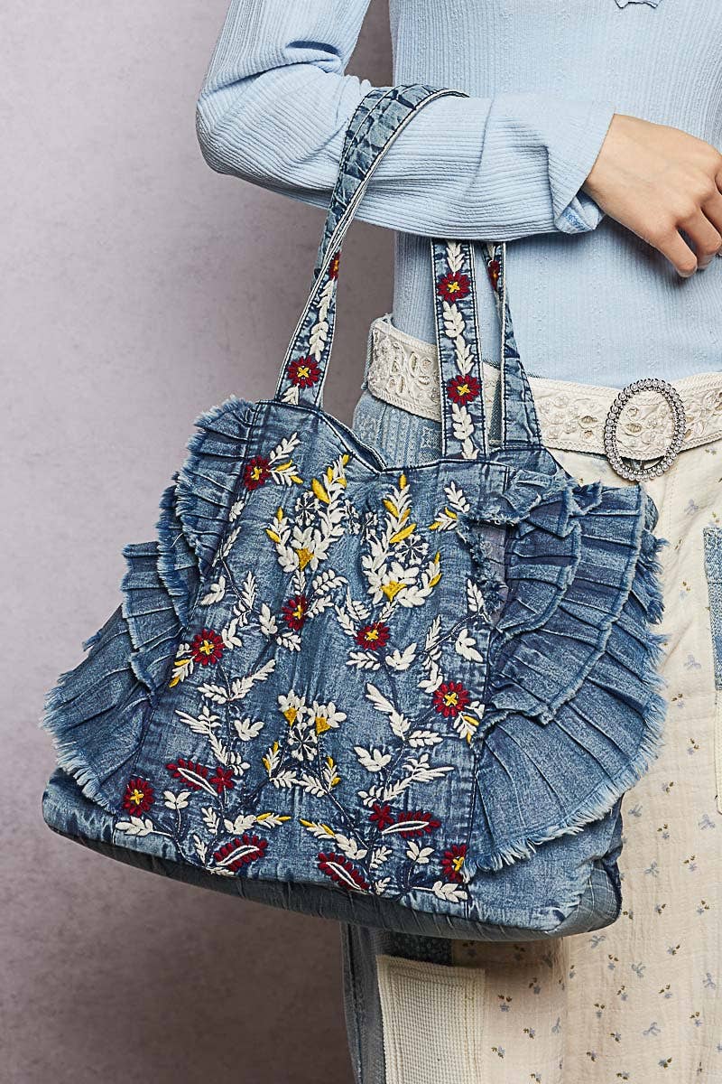 Vintage Ruffle Denim Tote Bag