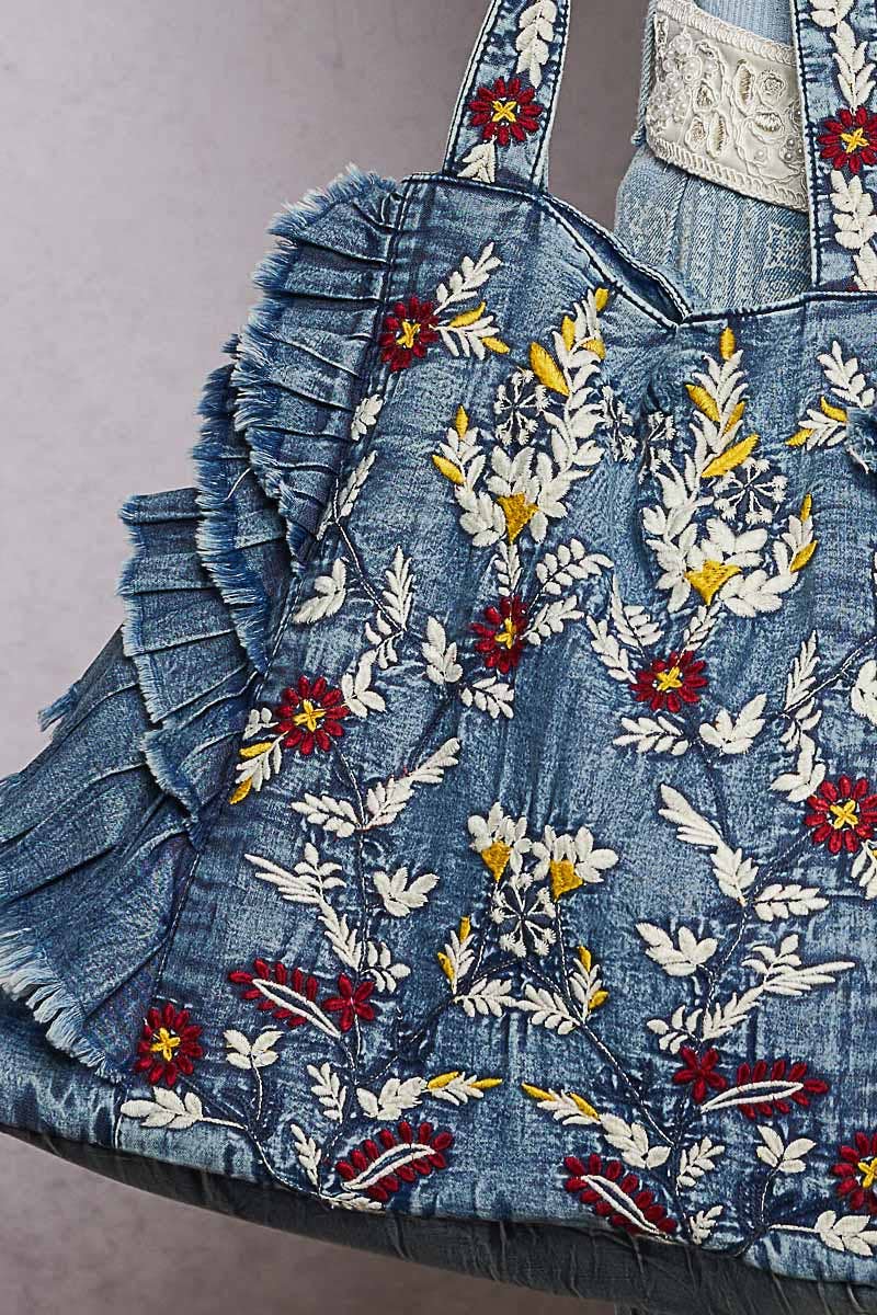 Vintage Ruffle Denim Tote Bag